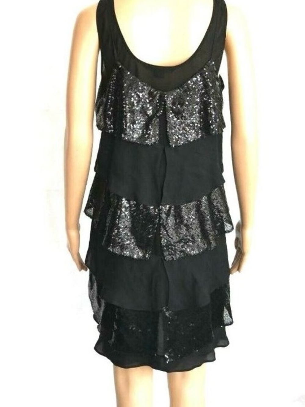 Armani Exchange Black Tiered Sequin Ruffle Sleeveless Dress